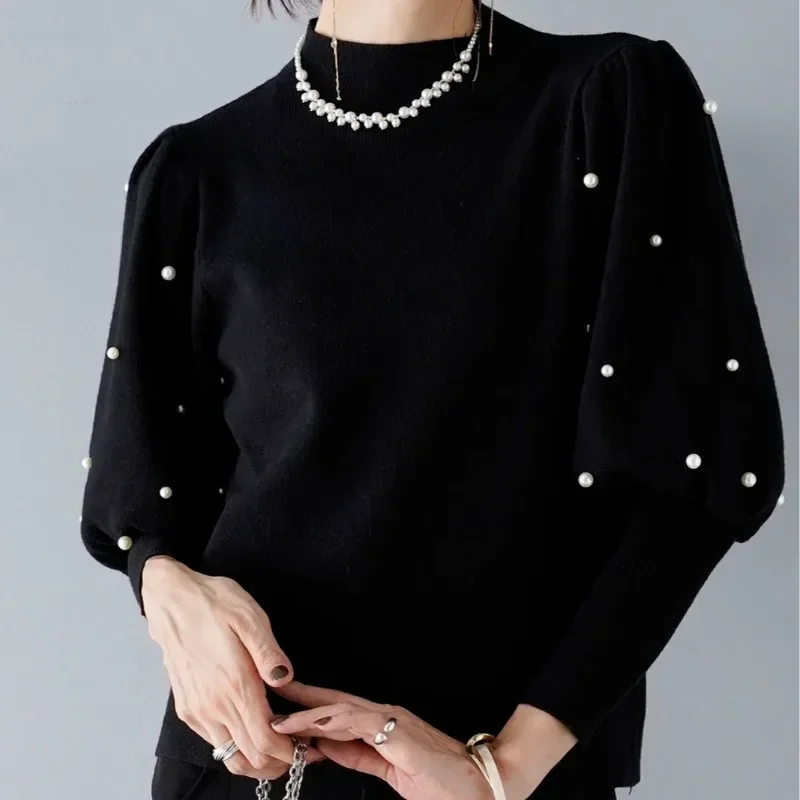 Autumn Winter New Half High Collar Pearls Beading Pullover Sweater Women\'s Black Long Sleeve Knitwear Tops Jumper Pull Femme