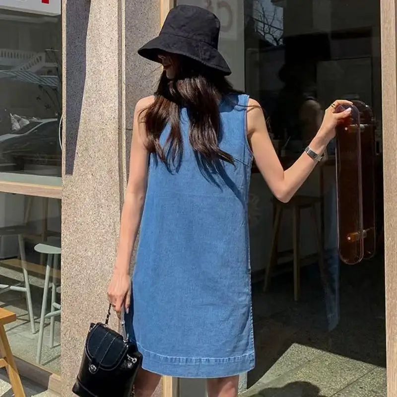 Denim Women's Dresses for 2026 Summer Loose O-Neck Simple Lady Vestidos Sleeveless Jeans Female Robe Clothing KE805 - view 3
