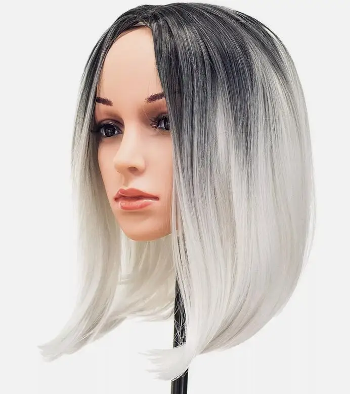 Ombre Grey Synthetic Wigs Straight Hair Bob Wig Black to Grey Middle Part