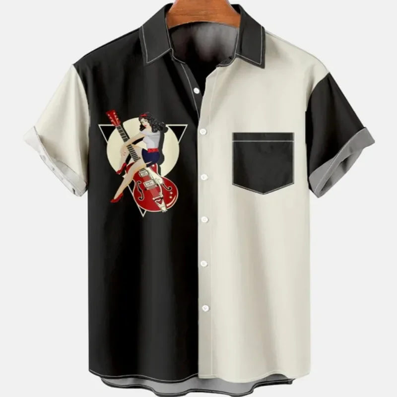 2026 Men's Color Contrast Plain Compression Casual Social Shirt Men's Stitch Pattern Graffiti Elegant Sleeves Oversized