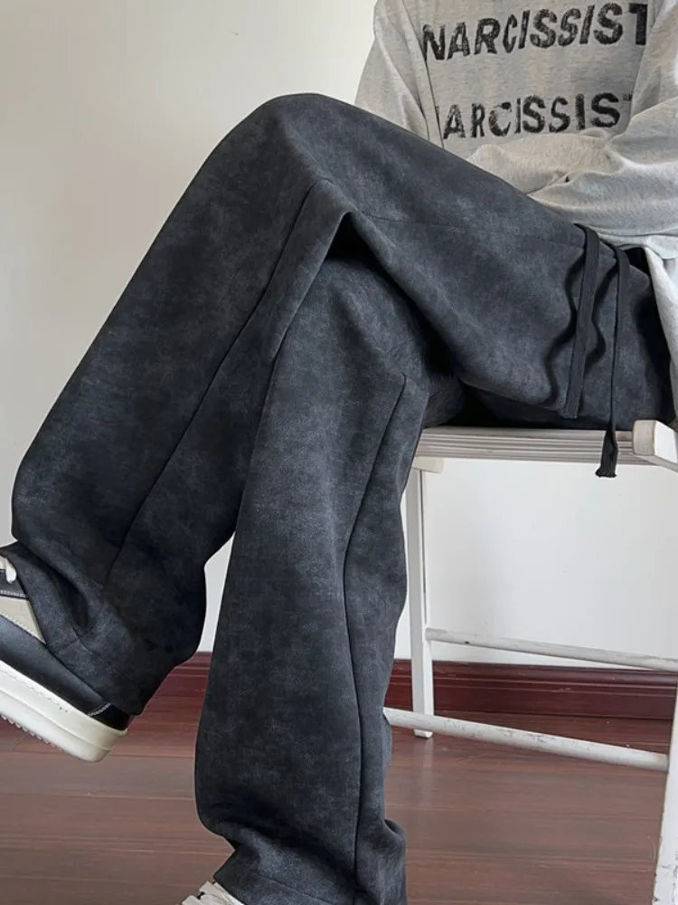

Men's Casual Straight Leg Sweatpants Heavyweight Spring Autumn Vintage American Dyed Trousers Faionable Wide Leg Pants