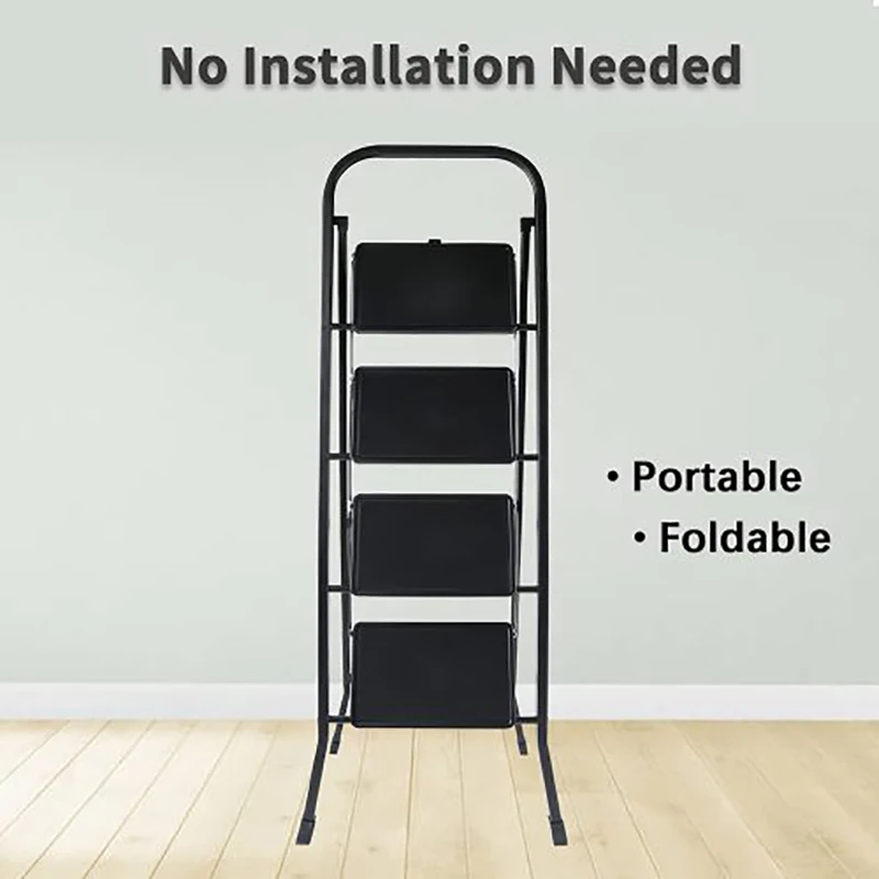GERICCO Ladder Foldable Multifunctional 4 Step Ladder Non-slip Rubber Handgrip Portable Sturdy Black Steel Stool Ladder for Home