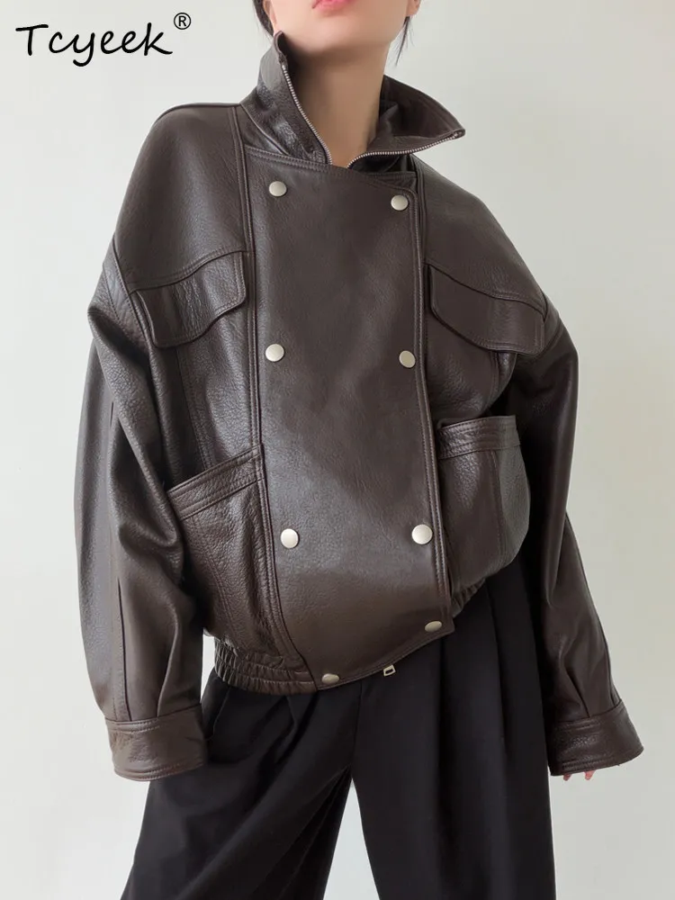 Tcyeek veste en cuir véritable femmes printemps automne vêtements en peau De mouton naturelle manteau en cuir femmes manteaux coupe ample Jaqueta De Couro