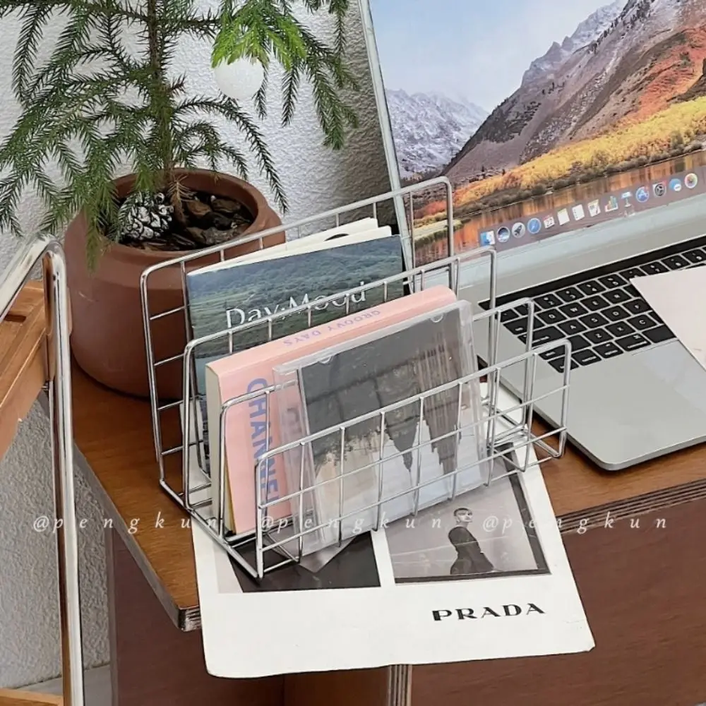 1Pcs Durable Book Rack Iron Bookshelf Basket Hollow Book Shelf Three-tier Magazine Organiser Newspaper Storage Holder