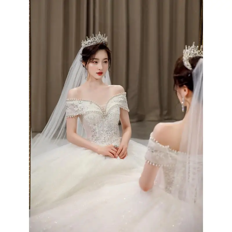 One Shoulder Palace Style Heavy Industry Luxury Trailing Wedding Dress Bridal Main Veil White Outdoor Veil Customized