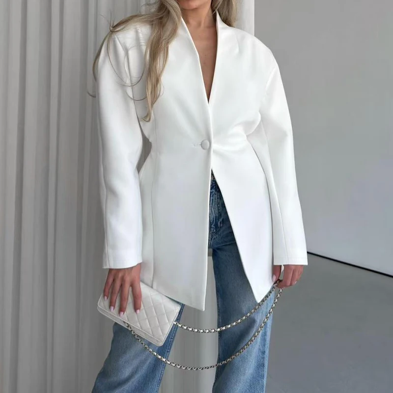 Deep V Single Button Loose Party Coat Elegant Loose Autumn Winter Outerwear Simple Solid Color Temperament Office Lady Jackets