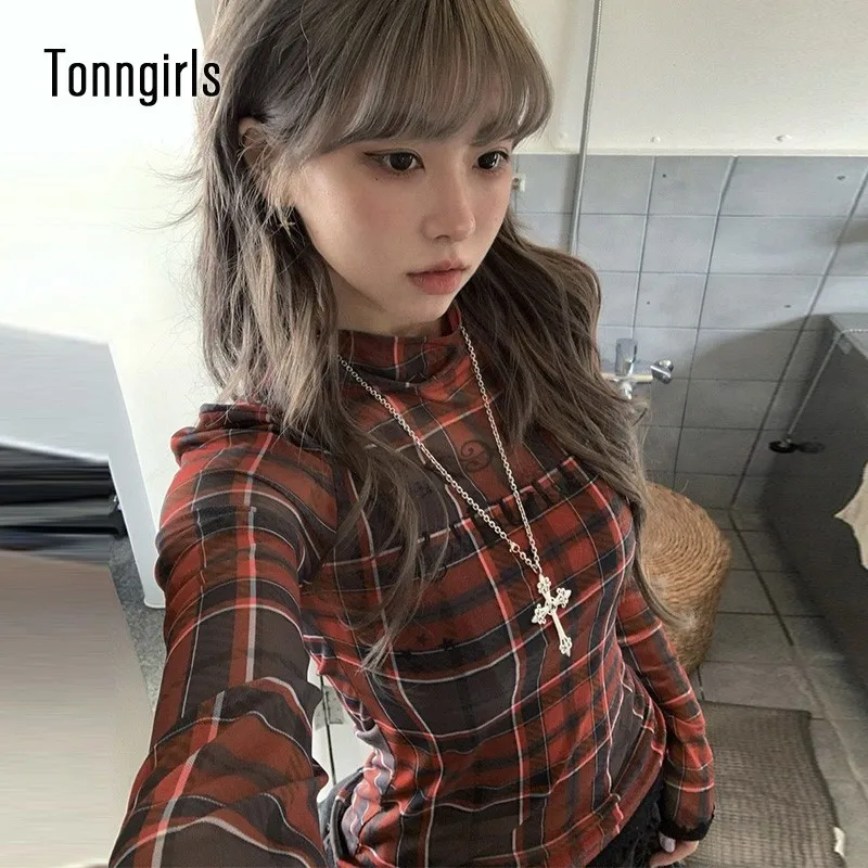 Tonngirls Y2k Vintage T Shirt Women See Through Plaid Mesh Tops American Retro 90s Crop Tops Christmas Fashion Tshirts Autumn