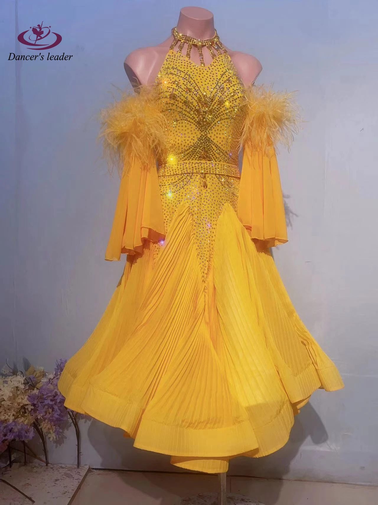 Modern Dance Ballroom Competition Women's High-end Custom Yellow Big Skirt Rumba Performance Costume Rhinestone dress