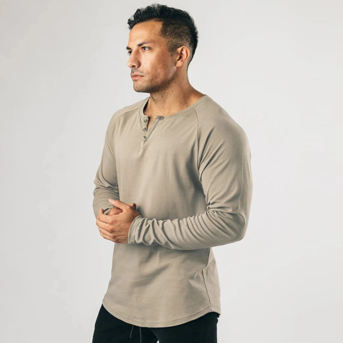 Men Muscle Shirt Long Sleeve T-shirt Solid Vintage Henley Shirts Sports Fitness Casual Cotton Stretch Thin V-neck Tee