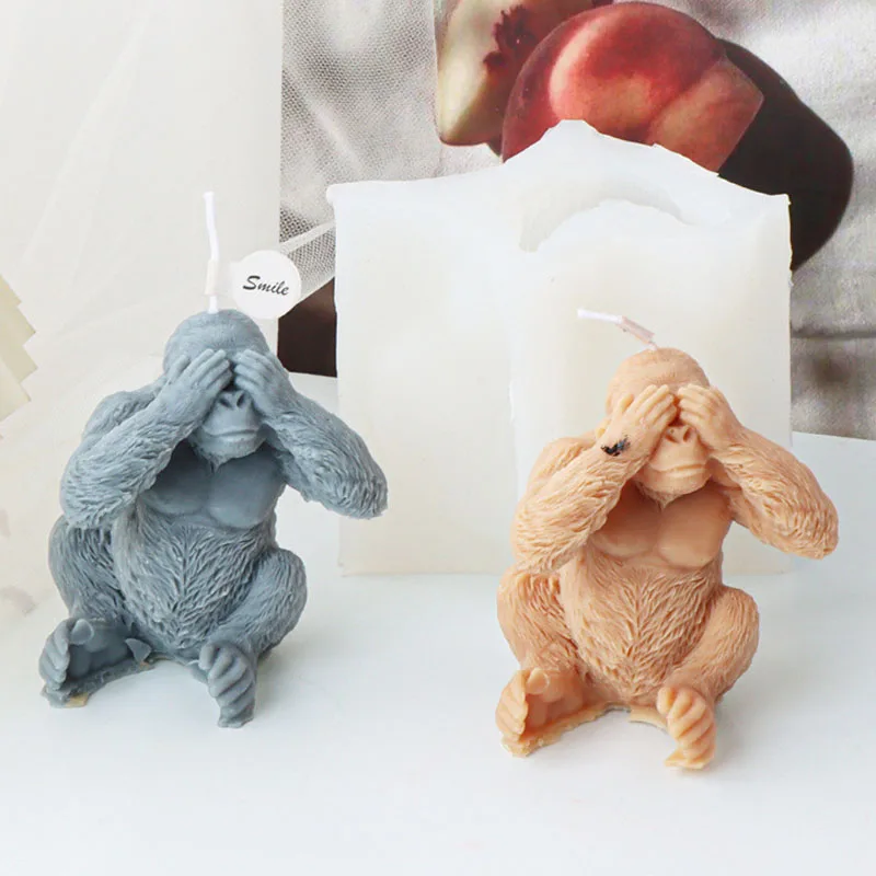 3D Sitting Gorilla Candle Silicone Mold No Look No Listen No Speak Gorilla Monkey Scented Candle Gypsum Resin Mould Craft Decor