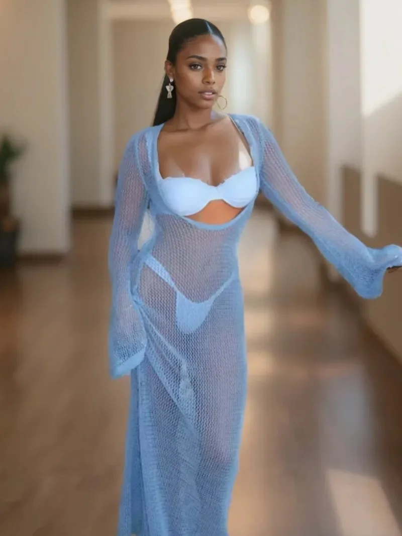 

New Summer Transparent Maxi Dress for Women Holiday Beach Dress Fashion Sexy Knitted Backless Blouse Long Dress Women Vestidos