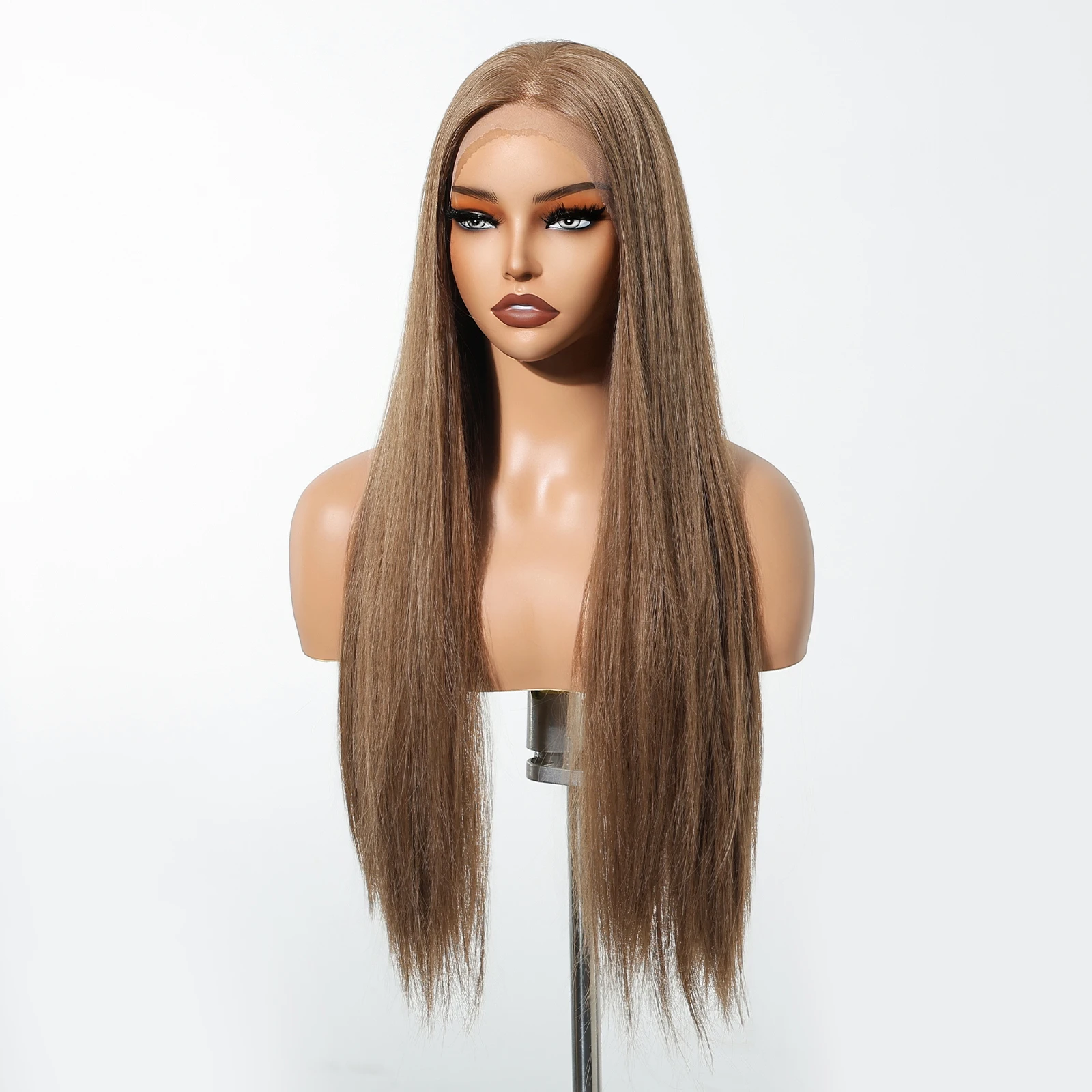 13*6 Flax Brown Lace Frontal Synthetic Wig Long Straight Middle-part Fake Hair For Women Daily Use Natural Heat Resistant Wig