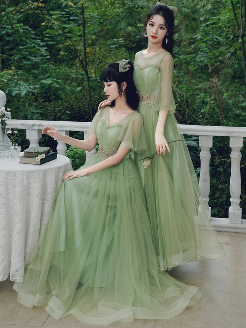 N78 Vestidos de Noche de tul verde, vestido Formal de graduación para niña y mujer, apliques de encaje, batas de graduación de cumpleaños, vestido de fiesta de boda