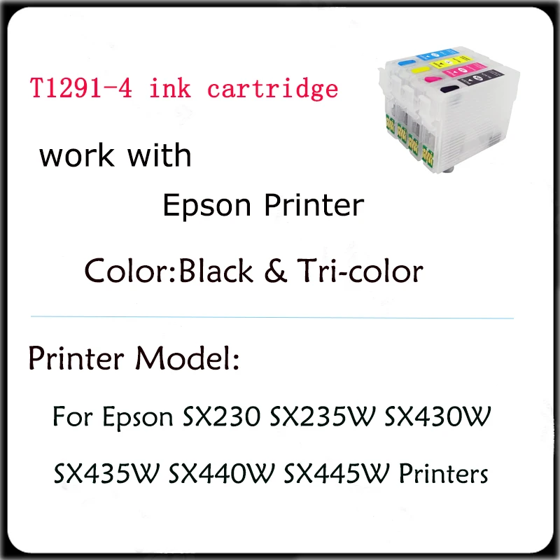 Vilaxh With chip T1291 T1292 T1293 T1294 Refillable Ink Cartridge For Epson SX230 SX235W SX430W SX435W SX440W SX445W Printers