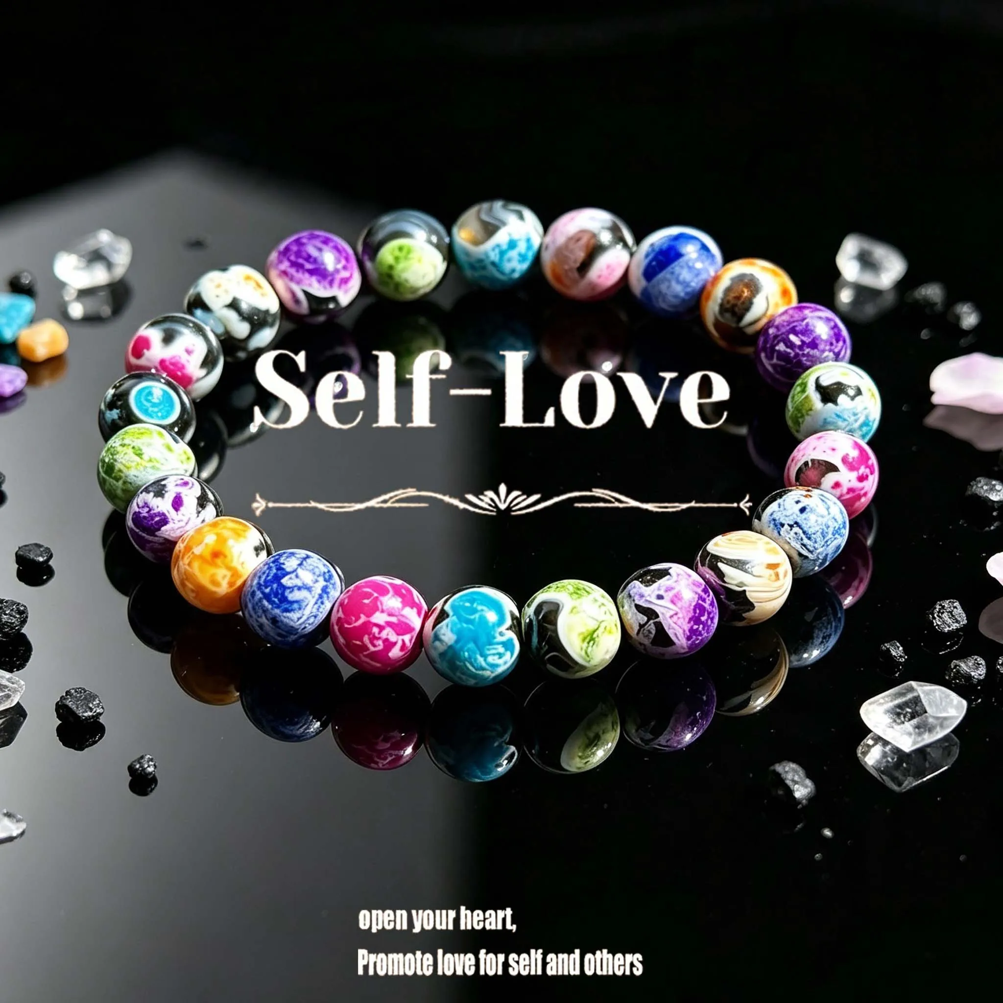 Handmade natural multi-color agate bead elastic bracelet, symbolizing self acceptance, fashionable bracelet for men and women