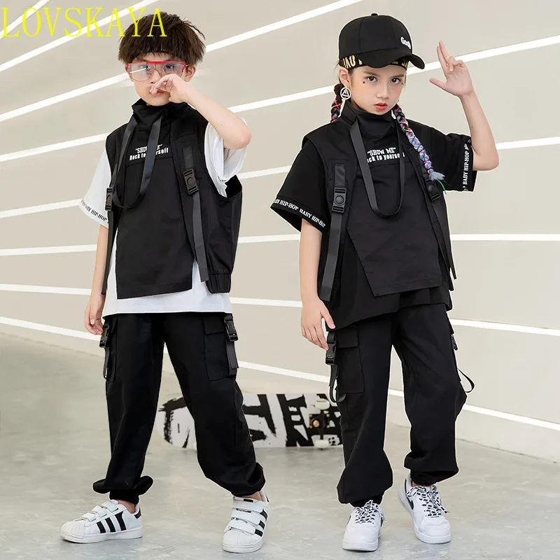 Ropa de hip-hop negra para niños, camiseta, top, pantalones tácticos, chaqueta sin mangas, chaleco, Ropa de baile de jazz para niños y niñas