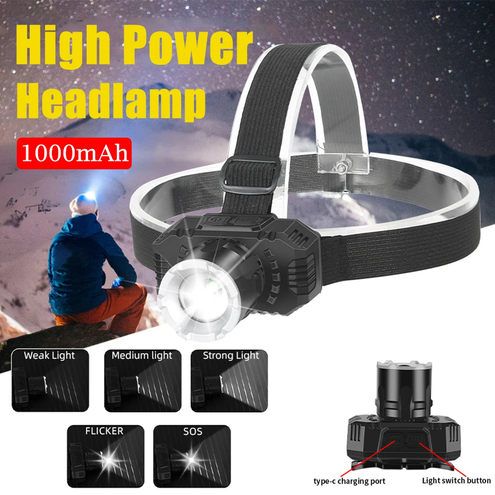 Poderoso Farol Led Zoomable Modos de Iluminação Farol Recarregável Tocha Principal Bateria 1000mah Lanterna de Acampamento ao ar Livre
