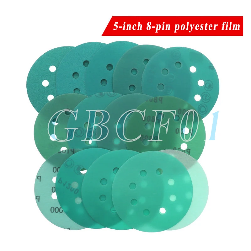 

5 Inch 8 Hole Polyester Film Sandpaper 125mm Green Disc Hook and Loop Wet/Dry Sanding for Metal Paint hook loop disc