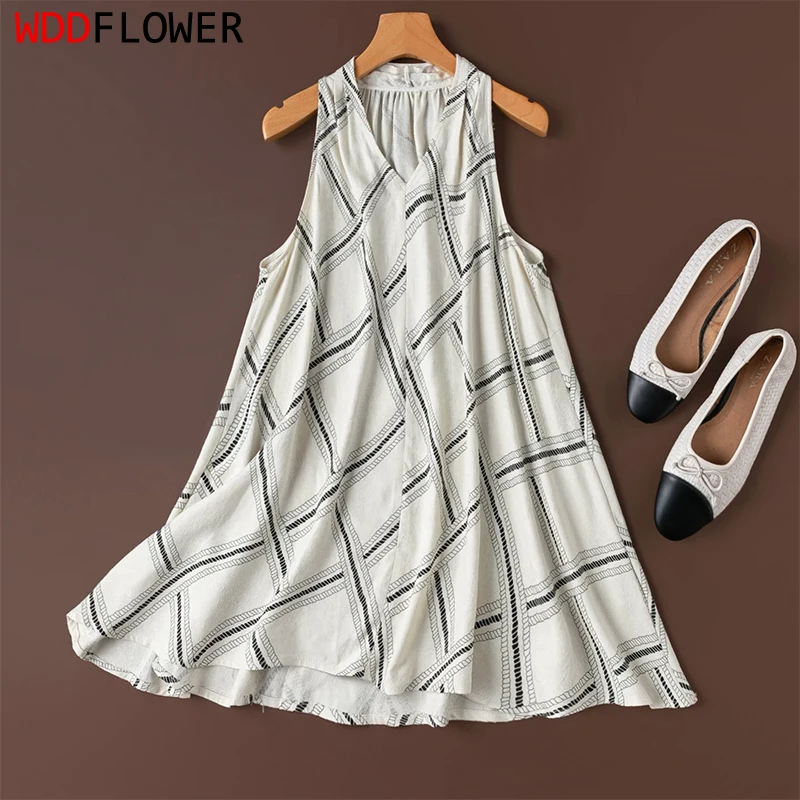 70% Mulberry Silk 30% Cotton Sexy Gray Checks Printed V Neck Women Tank Top Sleeveless Shirt Blouse Summer Beach Holiday M1735