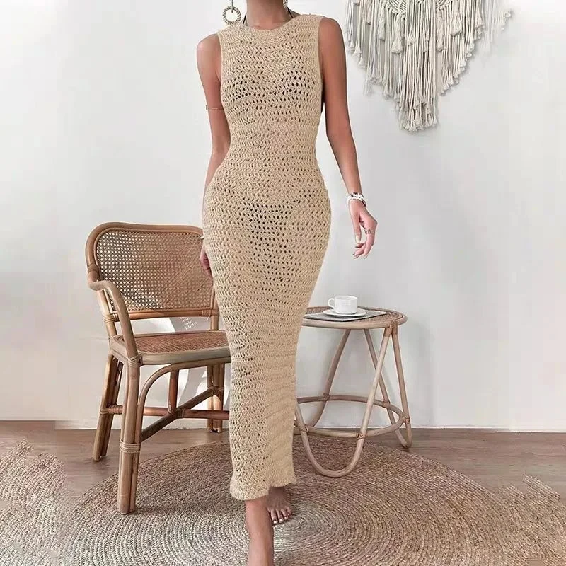Summer New Sexy Knitted Hollow out Beach Bikini Cover up round Neck Pure Color Beach Dress Women's Long One Piece Street Style
