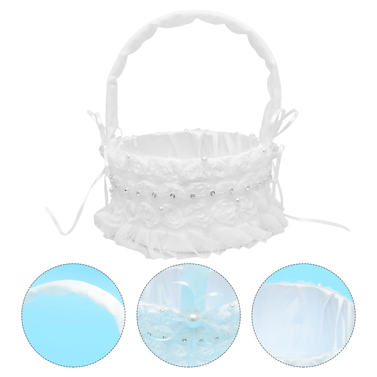 Romantic Bride Flower Lace Basket Pearl Wedding Ceremony Satin Party Decoration