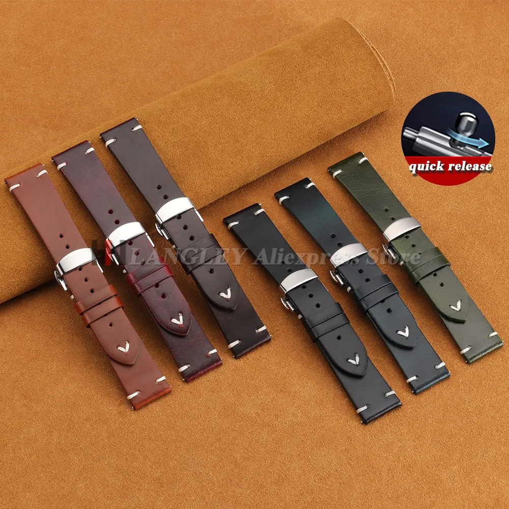 Quick Release Vintage Oil Wax Leather Watch Band ButterflyBuckle Men Women Stitching Strap 18mm 20mm 22mm for Huawei for Samsung