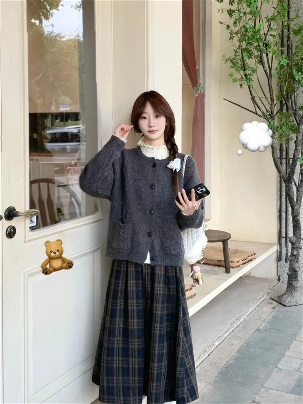 Trendy Lazy College Style Knitted round Neck Open Cardigan Women's Plaid  Skirt Autumn Winter Anti-Aging Elegance Set