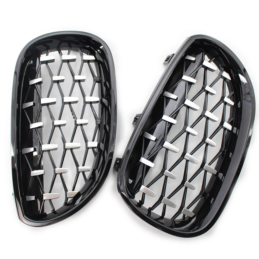 A Pair Car Racing Grill For BMW E60 E61 5 Series Diamond Front Kidney Grille Meteor Style Grill Chrome Auto Accessories New