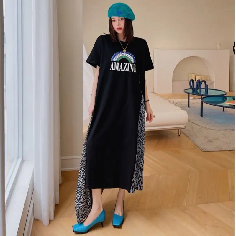 Fashion Printed Letter Leopard Fake Two Pieces Casual Dress Female Clothing 2024 Summer New Loose Young Style Short Sleeve Dress