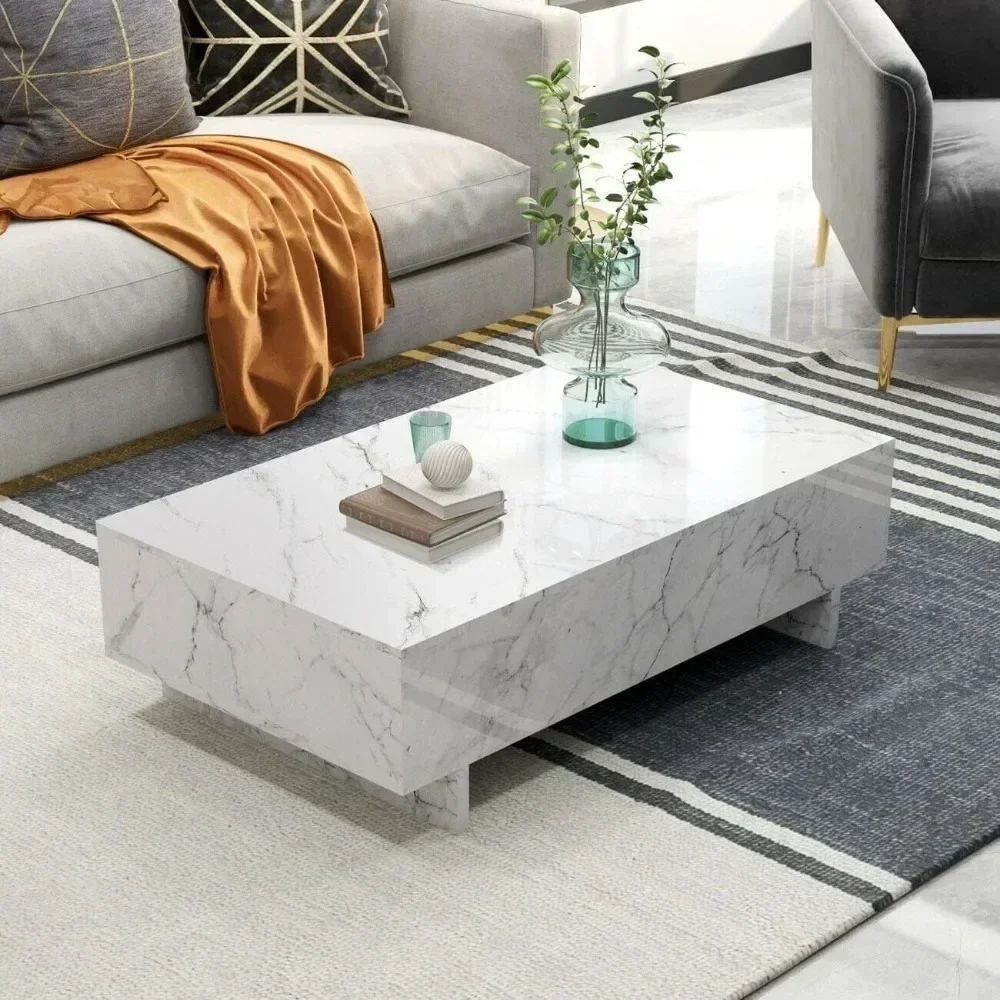 41" Marble White Cool Coffee Table for Living Room,Rectangular Glossy Smart Contemporary Center Table for Waiting Area