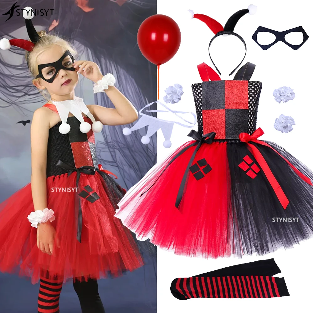 Funny Clown Costume for Girls Circus Carnival Party Dresses Naughty Joker Cosplay Fancy Tutu Dress Up Halloween Costume for Kids