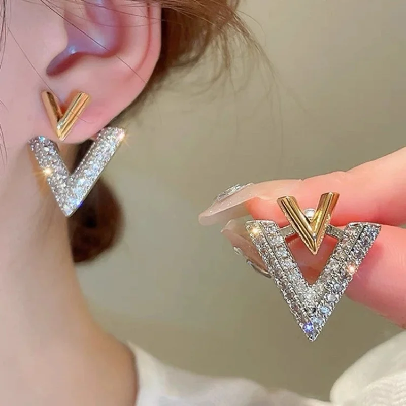 New Double V Two in One Back Hang Post Rhinestone Drop Earrings for Women Personality Jewelry  Creative Accessories