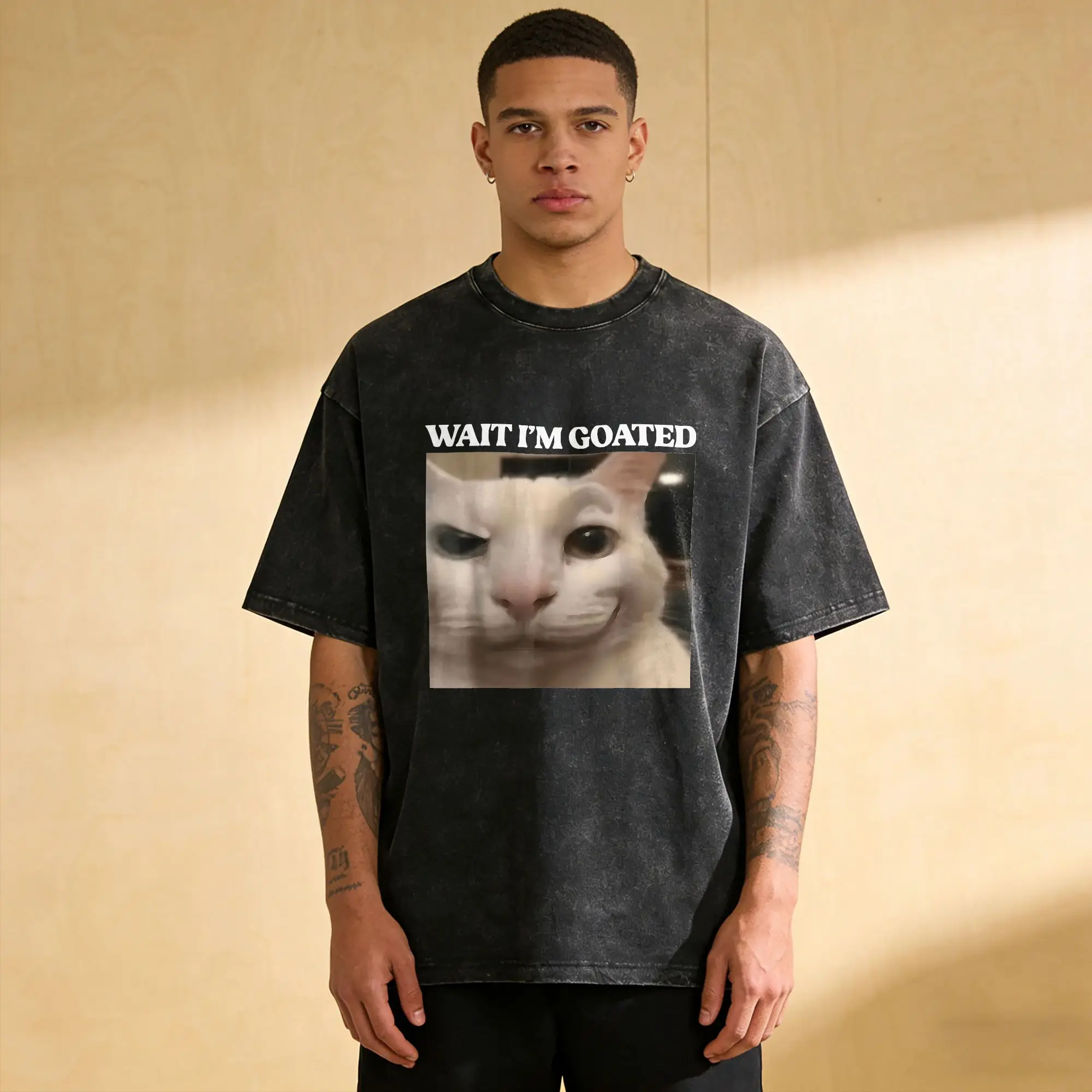 Fashion Wait Im Goated Cat Meme T-Shirts for Men Round Collar Cotton Washed T Shirt  Short Sleeve Tee Shirt Big Size Clothes
