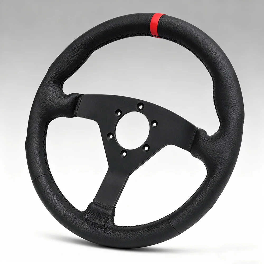 Universal 6-Hole 320mm Racing Steering Wheel Premium Lychee Leather Matte Aluminum Spokes with Red Top Marker Without airbags