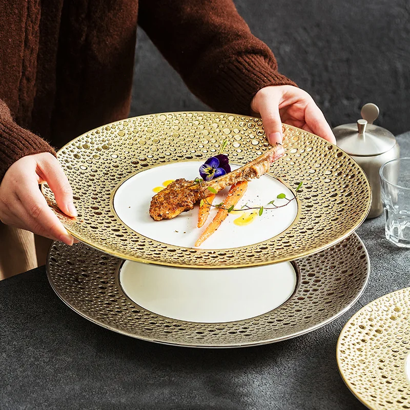 

European Style Ceramic Western Steak Plate Golden Silver Pasta Plate Round Home Use Ceramic Fruit Salad Dessert Breakfast Dishes
