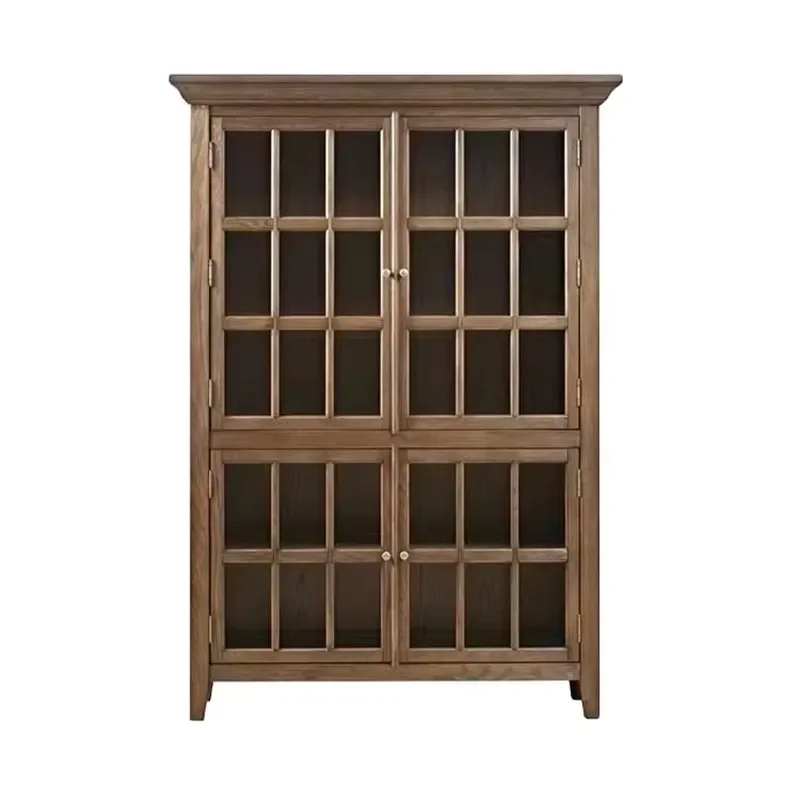 R American Country Retro Solid Wood Bookcase, Home Dust-proof Glass Door Bookcase, Wall-mounted Study Storage Cabinet, Shelf