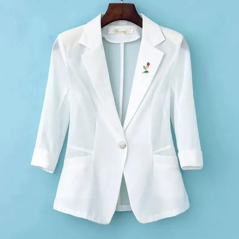 

Pure Colour Female Slim Small Suit Jacket Spring Summer New Short Top Fashion Temperament Blazers Casual Sunscreen Shirt C61