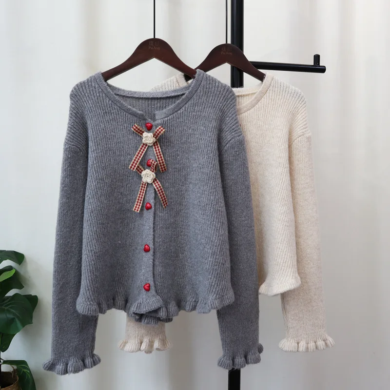 2024 Autumn/Winter New Sweater Coat Sweet Soft Sticky Top Women Korean Style O-neck Wooden Ears Bow Knitted Cardigan