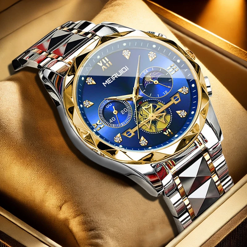 A men's silver steel strip Roman numeral blue dial casual business gorgeous cool quartz watch