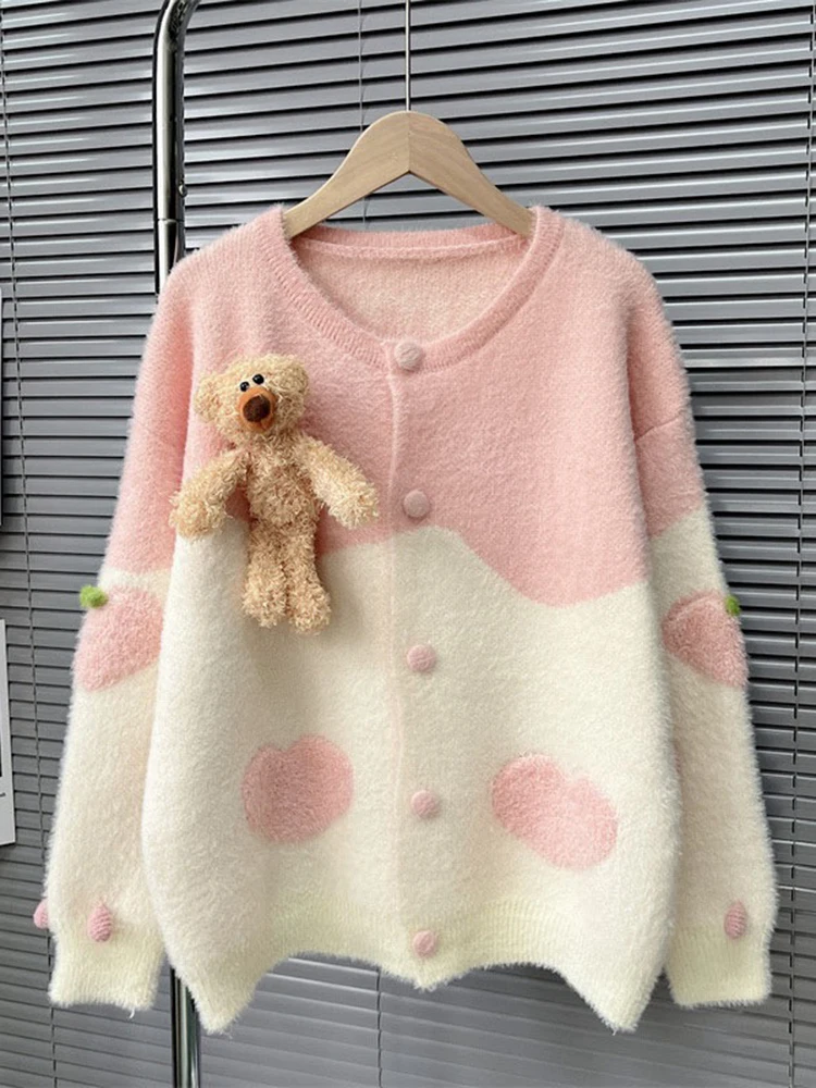 Zoki Cute 3D Bear Cardigan Sweaters Women Love Sweet Kawaii Knitted Jacket Japan Long Sleeve Fashion Lady Faux Mink Cashmere Top