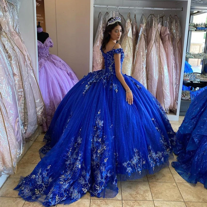 Royal Blue Sequined Beading Off The Shoulder Quinceanera Dresses Ball Gown Handmade Flowers Crystal Corset Sweet 15 Party Wear