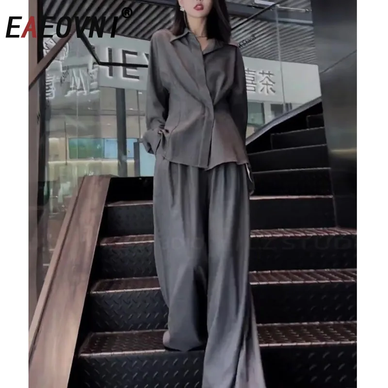 

EAEOVNI модный серый однотонный женский комплект из двух предметов, блузка с лацканами и присборенной талией, топы, длинные брюки, офисная женская одежда 202, осенняя новая одежда