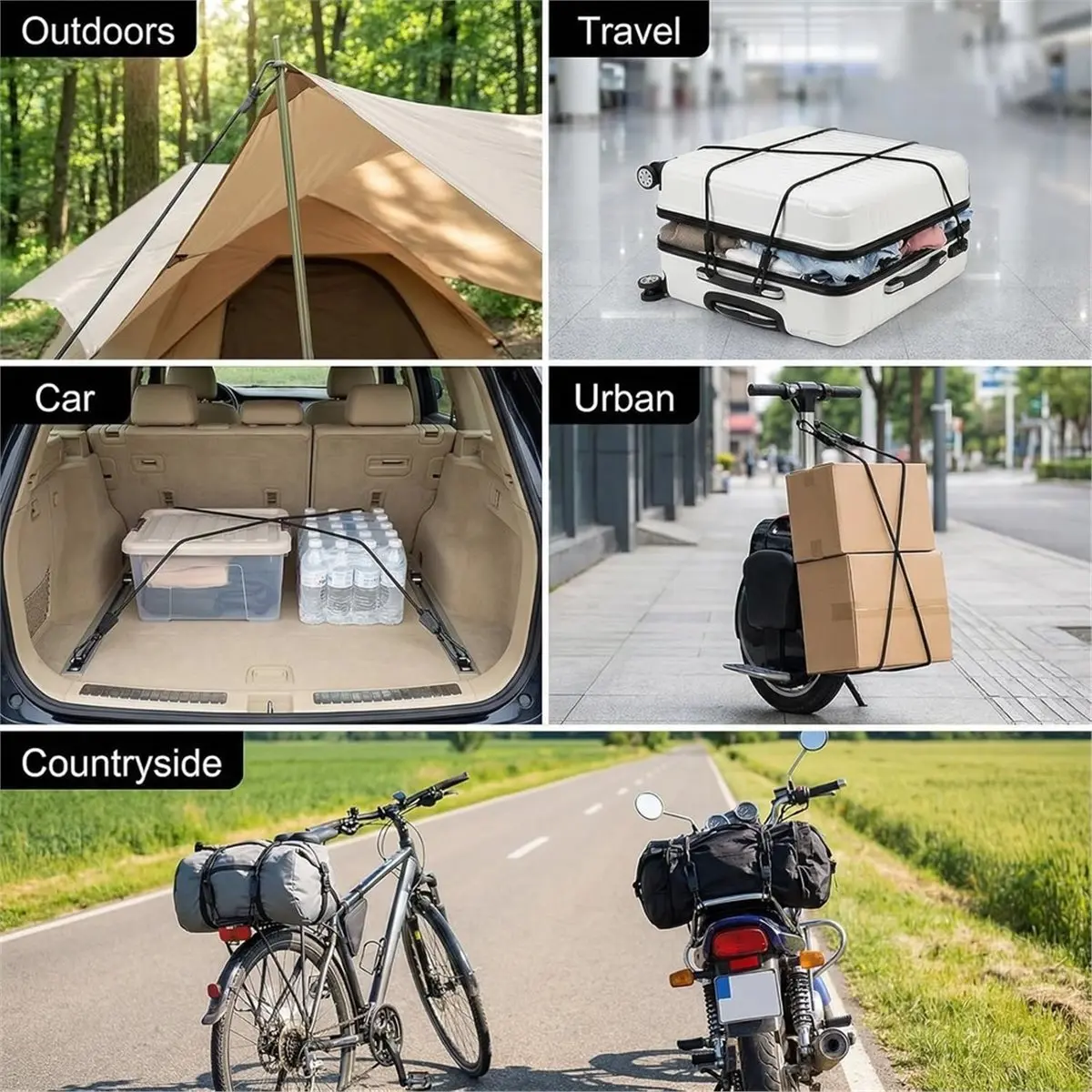 Multi-use Gear 4Pcs Adjustable Elastic Bungee Cords with Hook Heavy Duty Outdoor Packing Ropes Luggage Straps for Cargos Camping