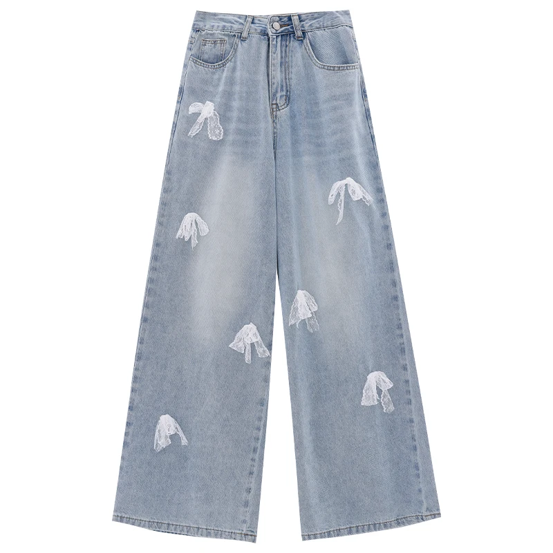 American Style Bows Knot Embellished Loose Wide Leg Jeans Women's Summer Floor-Length Versatile Straight Cut Denim Trousers