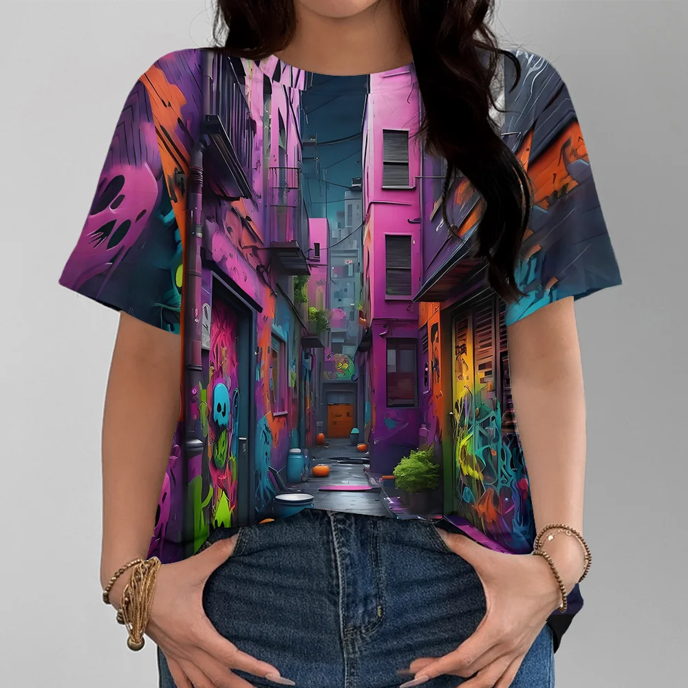 

Purple and Orange Graffiti Street Art Women's T-shirt - Avant Garde Urban Style Casual Fashion Comfortable Summer Short Sleeve