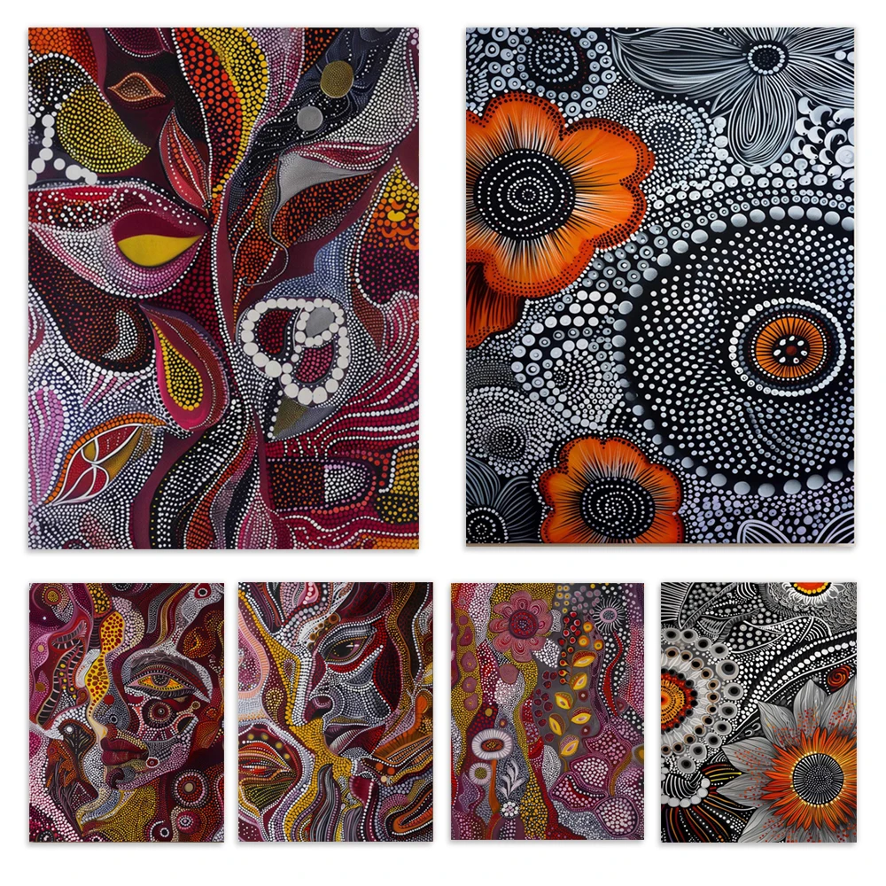 Aboriginal dot print, Australian aboriginal style abstract woman, floral poster, tribal pattern, ethnic traditional native