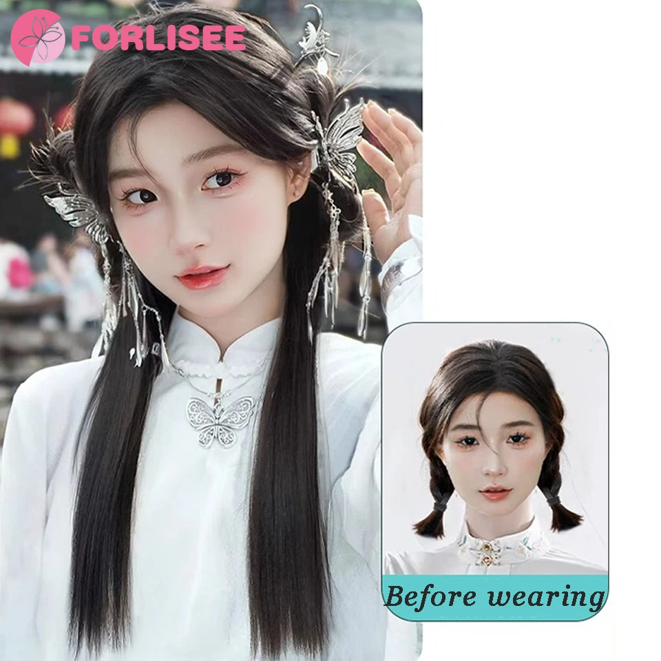 FORLISEE Synthetic Wig Ponytail Women's New Chinese Style Tassel Butterfly Double Ponytail Natural Low Tie Long Braid Wig