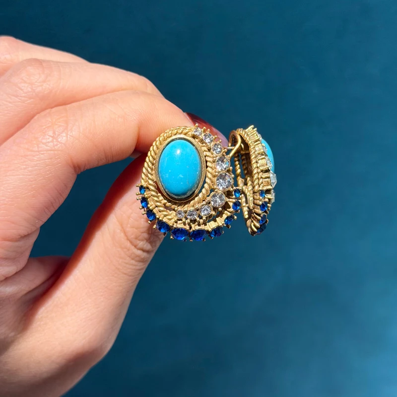 Vintage Blue Natural Stone Oval Stud Earrings For Woman Rhinestones Luxury Designer Antique Jewelry Mum Festival Gift 2026 New