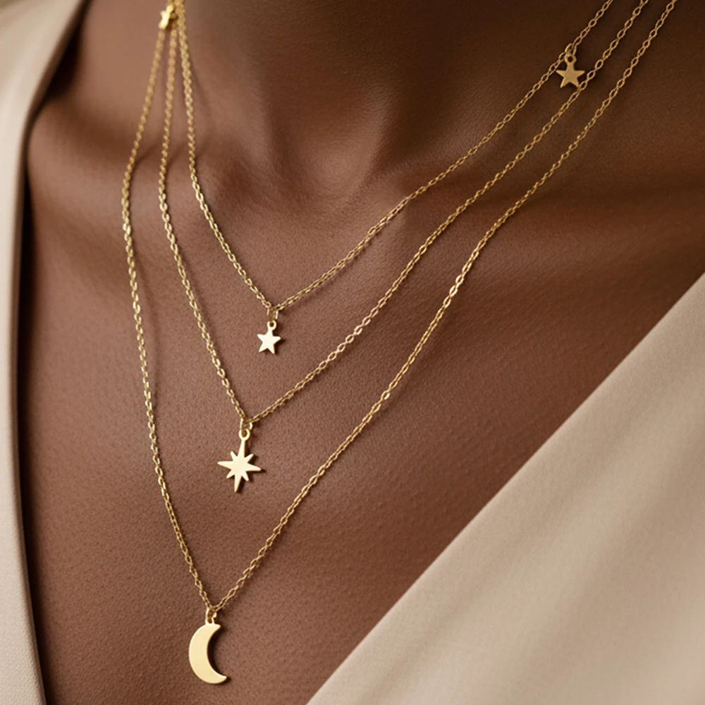 DOTIFI Stainless Steel Star And Moon Pendant Necklace For Women Fashionable Distinctive Light Luxury Delicate Layered Necklace