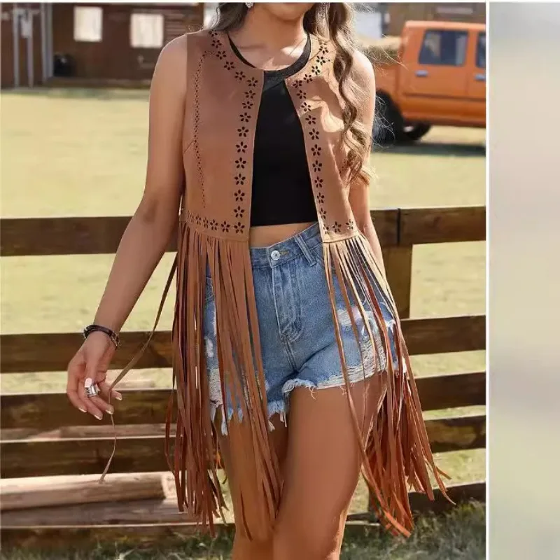 

Vintage Women Tassel Sleeveless Jacket Cardigan Y2K Vest Streetwear Hip-hop Vest for Women Tops Design Clothing Black Brown